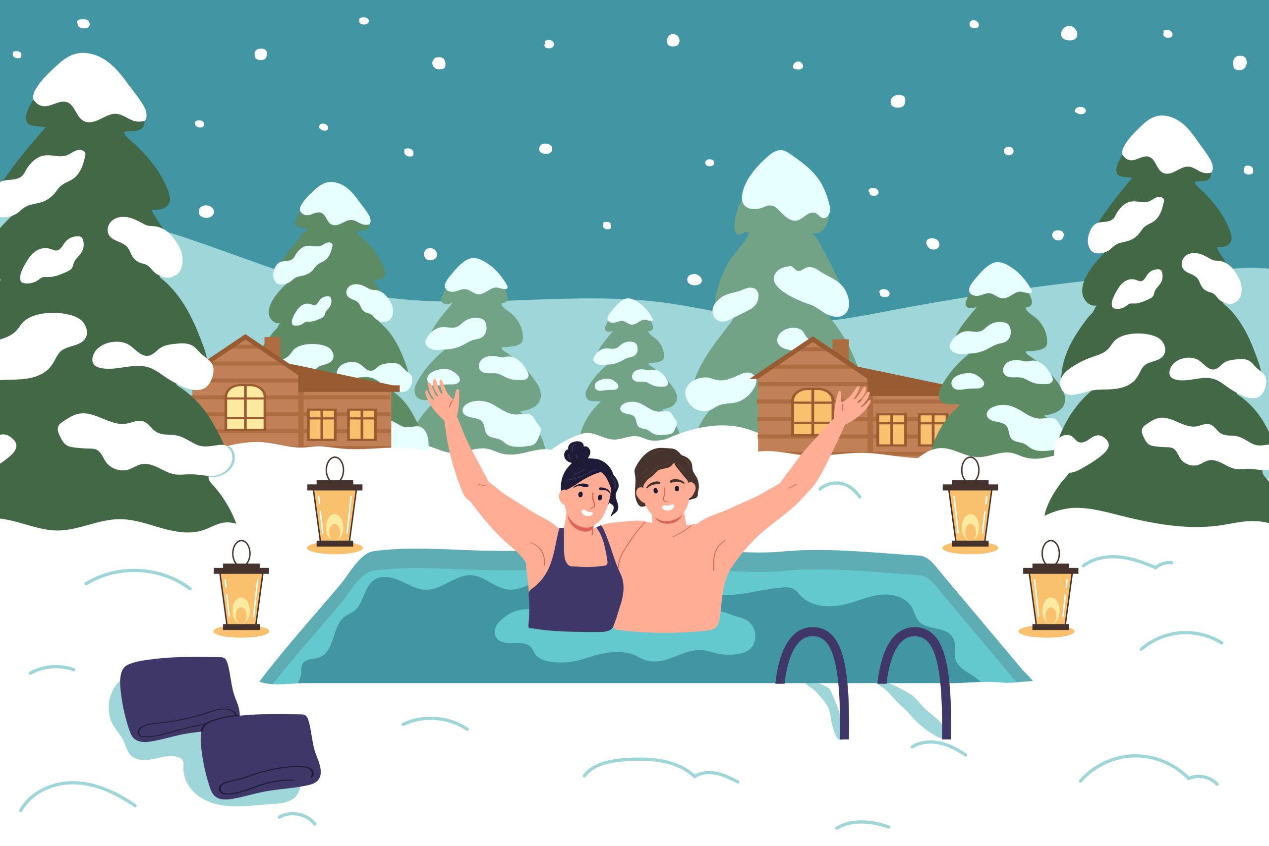 Healthy life hardening composition with outdoor landscape with snow trees houses and happy couple in pool vector illustration