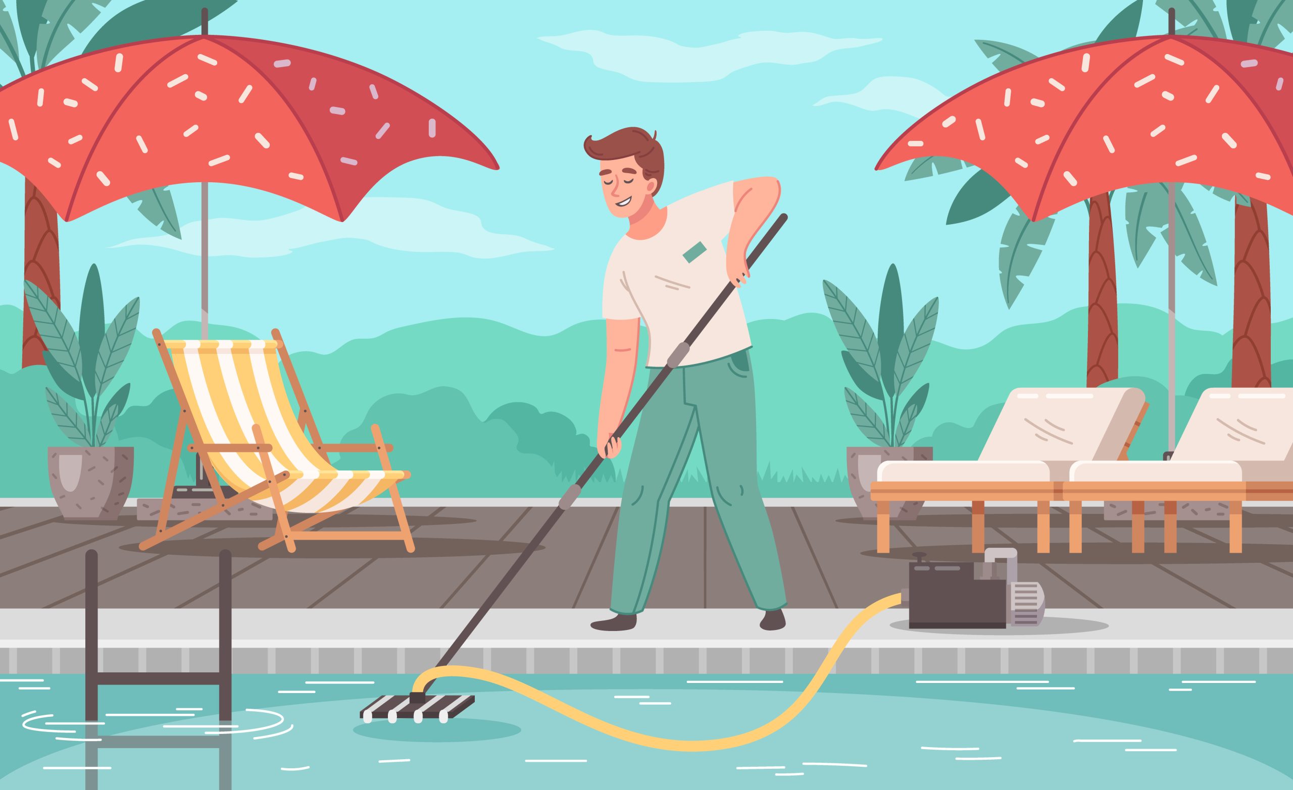 Pool Mantenance Service Summer background with guy cleaning water in swimming zone with vacuum cartoon vector illustration SSUCv3H4sIAAAAAAACA1VRTU/DMAz9K1bOHQNx6xFpQkKaNDFuEwc3NV1oEk/5aDem/necdZvgFPv55fnl5awajEar+qyMtTmmgMmwV/VTpag1iYNBq+rHqVIxYcqRonCl05iok+mlv4nszgVXtXpB3XeBs2/j8oOOKQfhiURu/g/VVN2ubIgPlu6kNXk1fVYKO/L6VHbK0kCW8GJhJ6N+TBTc1c9gWuK5xNyaUqqBNVqZPxe/8jZ2Be0CHvZGBzNQKH1LUYdigNnCGn0ij14TbCkMppzZOQrQ3F3DaNIeunwCLXa88R2MkkYA4yGOxrmC/LCnmTigztmBxpCYPQykJVX4m/YDrCRqbCzBarMFlBXv5NtZ8W3zCl8cnIRUqXQsUanqmtmsFZfcfEsVlw79wmFLiysgRO7lL6dp+gXO0z586QEAAA==